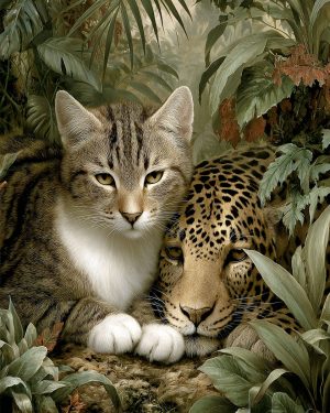 Friends Relaxing - Cat and Leopard Art Print
