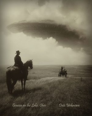 Geneva on the Lake, Ohio - Alien Flying Saucer Appears - Vintage Style Agriculture Cryptid Photo