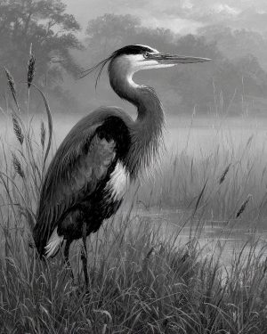 Great Blue Heron - Black and White Wildlife Art Print