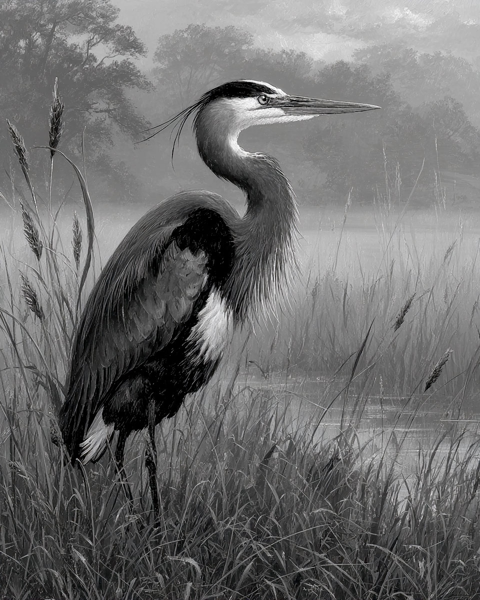 Great Blue Heron - Black and White Wildlife Art Print