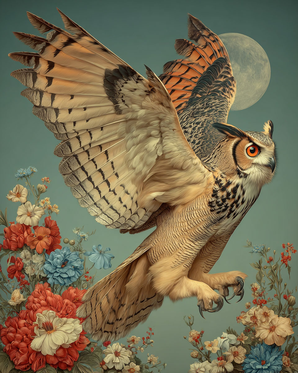Great Horned Owl Landing - Vintage Style Wildlife Art Print