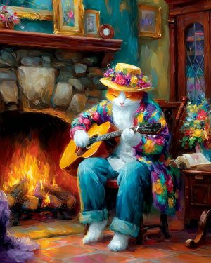 Hank Playing the Acoustic Guitar - Cats and Music Art Prints