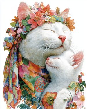 Hippie Mom Blanca and Kitten Bella - Mother Cats and Kittens Art Print