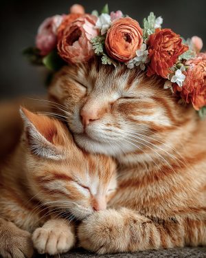 Hippie Mom Ginger and Kitten Amber - Mother Cats and Kittens Art Print