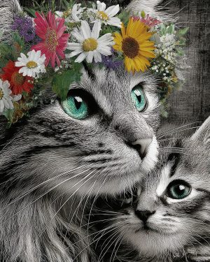 Hippie Mom Gladdys and Kitten Gloria - Mother Cats and Kittens Art Print