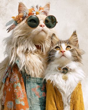 Hippie Mom Kat and Kitten - Mother Cats and Kittens Art Print