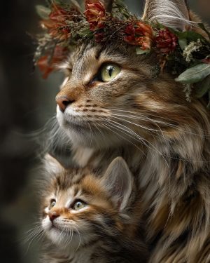Hippy Mom with Her Kitten - Maine Coon Cat Art Print