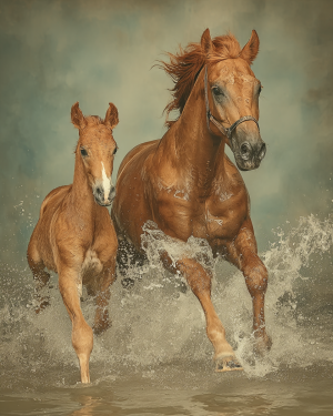 Horse Mare and Colt Crossing a Creek
