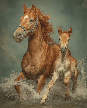 Horse Mare and Colt Frolicking