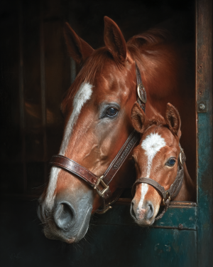 Horse Mare and Colt in Stall