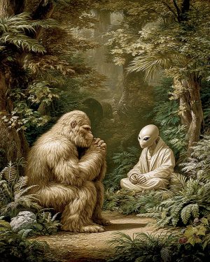 Keeping His Friend Dry -  Funny Bigfoot Alien Artwork