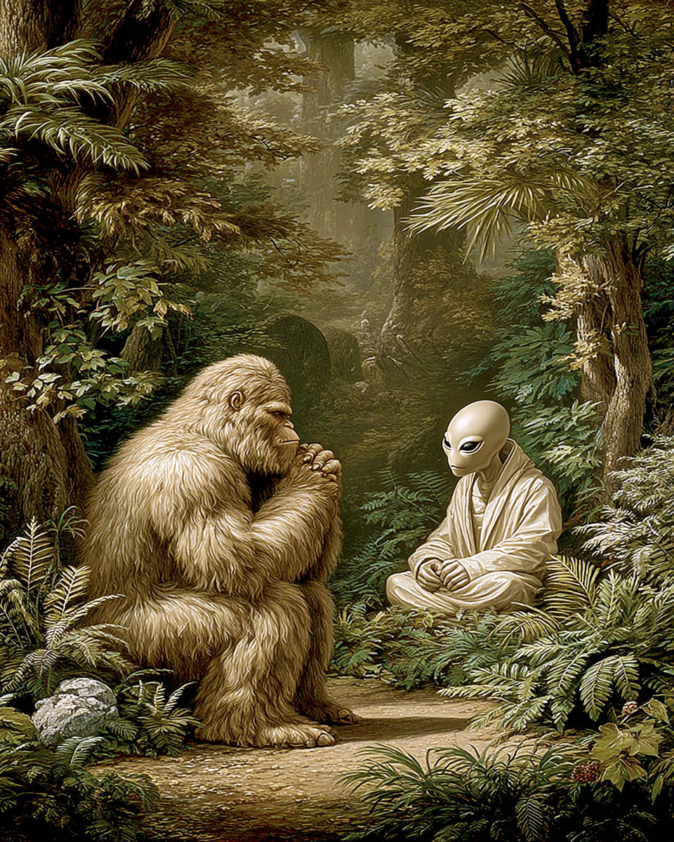 Keeping His Friend Dry -  Funny Bigfoot Alien Artwork