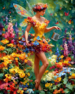 Jillian Bloomsmore Watering Her Flowers - Faires Art Print