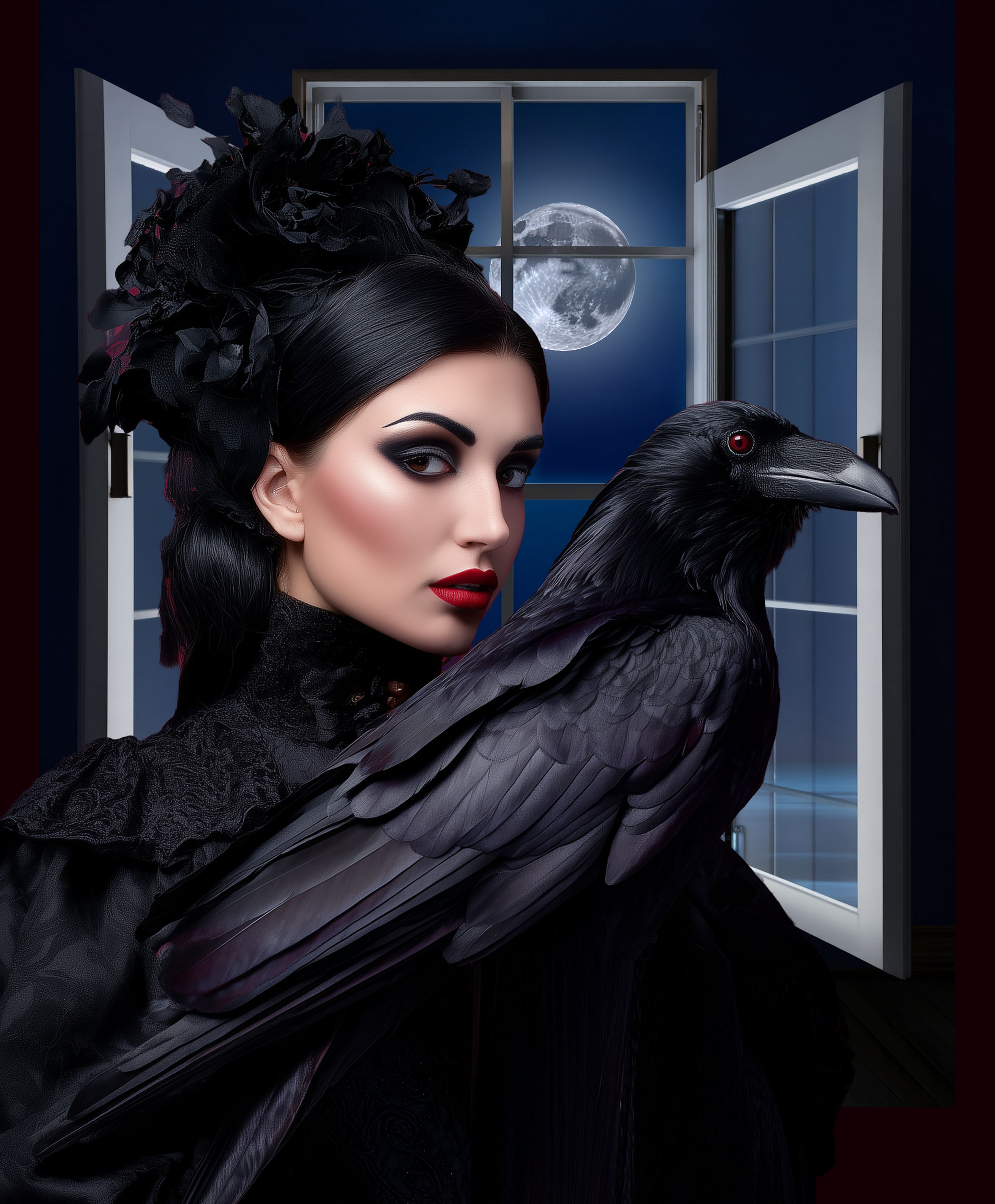 Lady and Raven on Moonlit Night