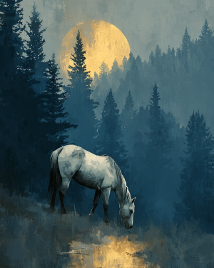 Lone Horse on Full Moon Night