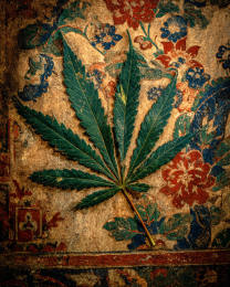 Antique Wat Suwannaram Mural Art style Marijuana Leaf - Weed Wall Art
