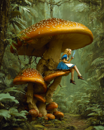 Alice Sitting on an Amanita Muscaria Mushroom While Smoking a Joint - Weed Wall Art