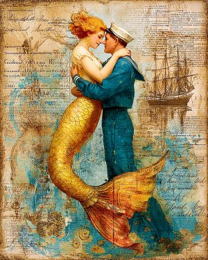 Mixed Media Style Mermaid With Her Sailor Lover Wall Art Print