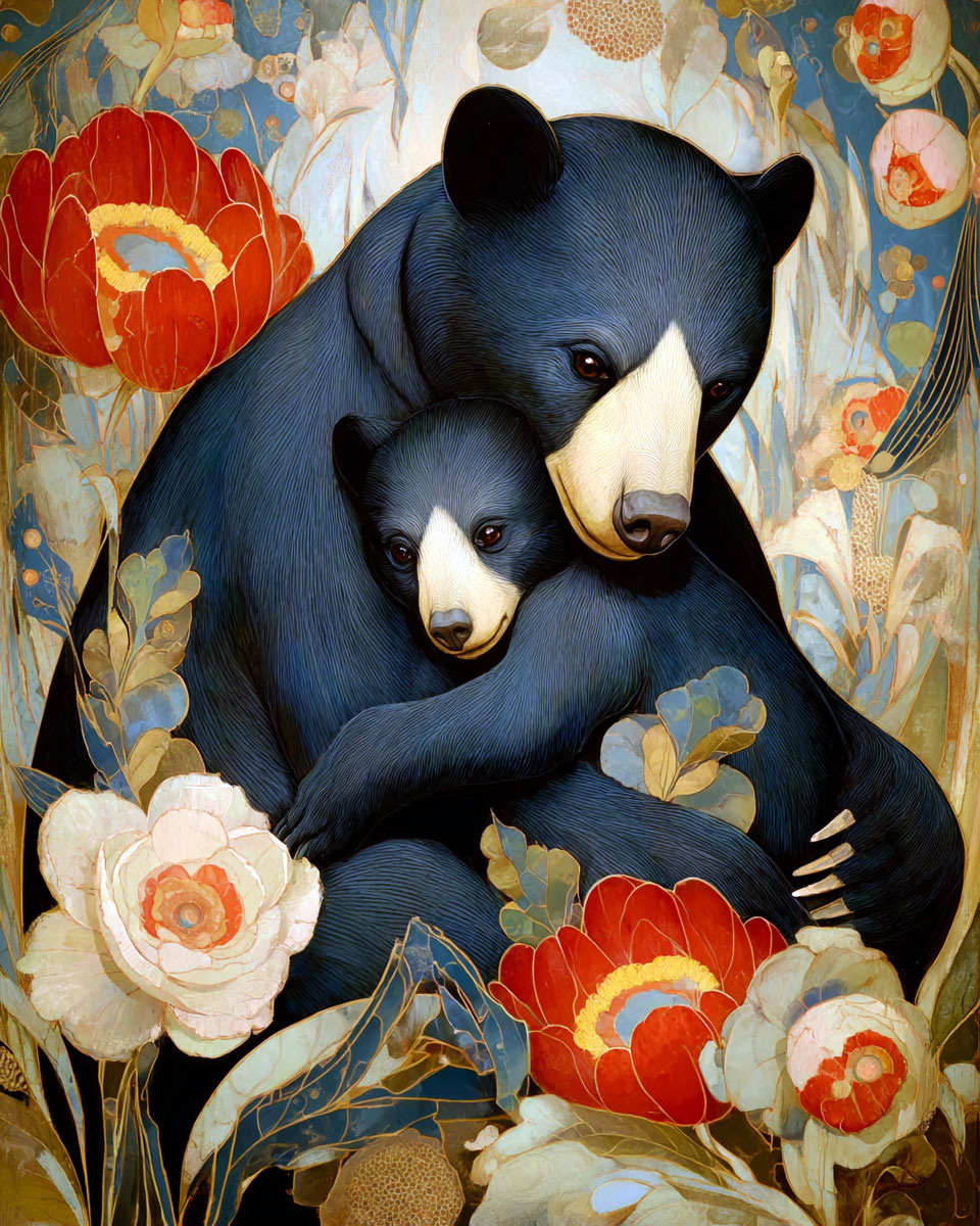 Mom Bear Hugging Her Cub - Wildlife Art Print