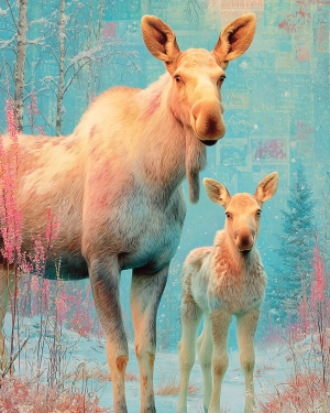 Bright Mother Moose with Calf Art Print