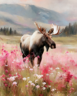 Moose in a Pink Wildflower Meadow Art Print