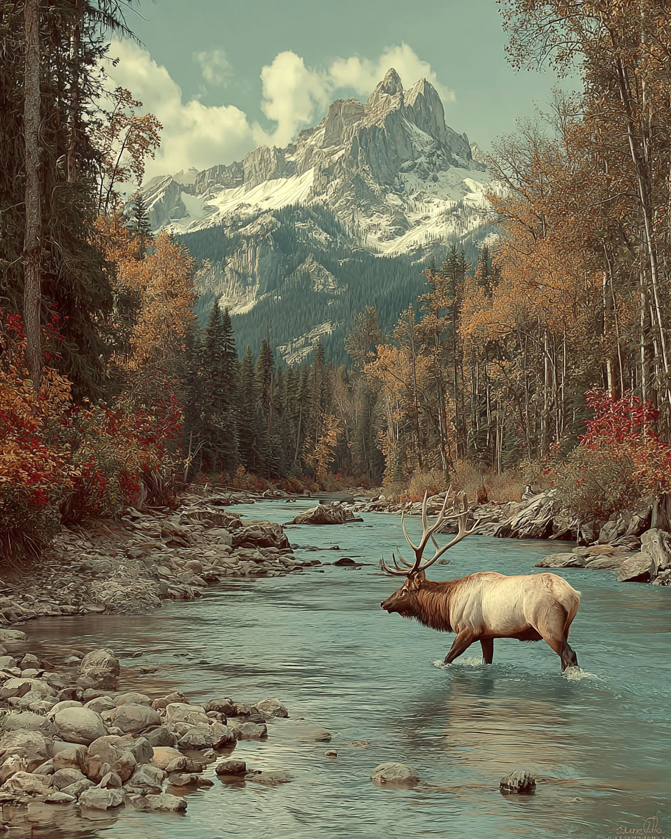 Moose Crossing River - Vintage Style Wildlife Art Print