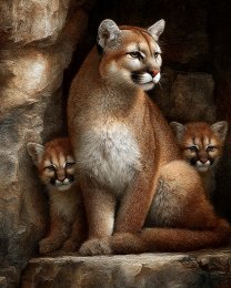 Mom with Her Cubs - Mountain Lion Art Print