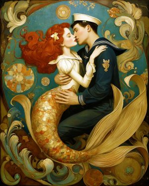 Nouveau Style Mermaid With Her Sailor Wall Art Print