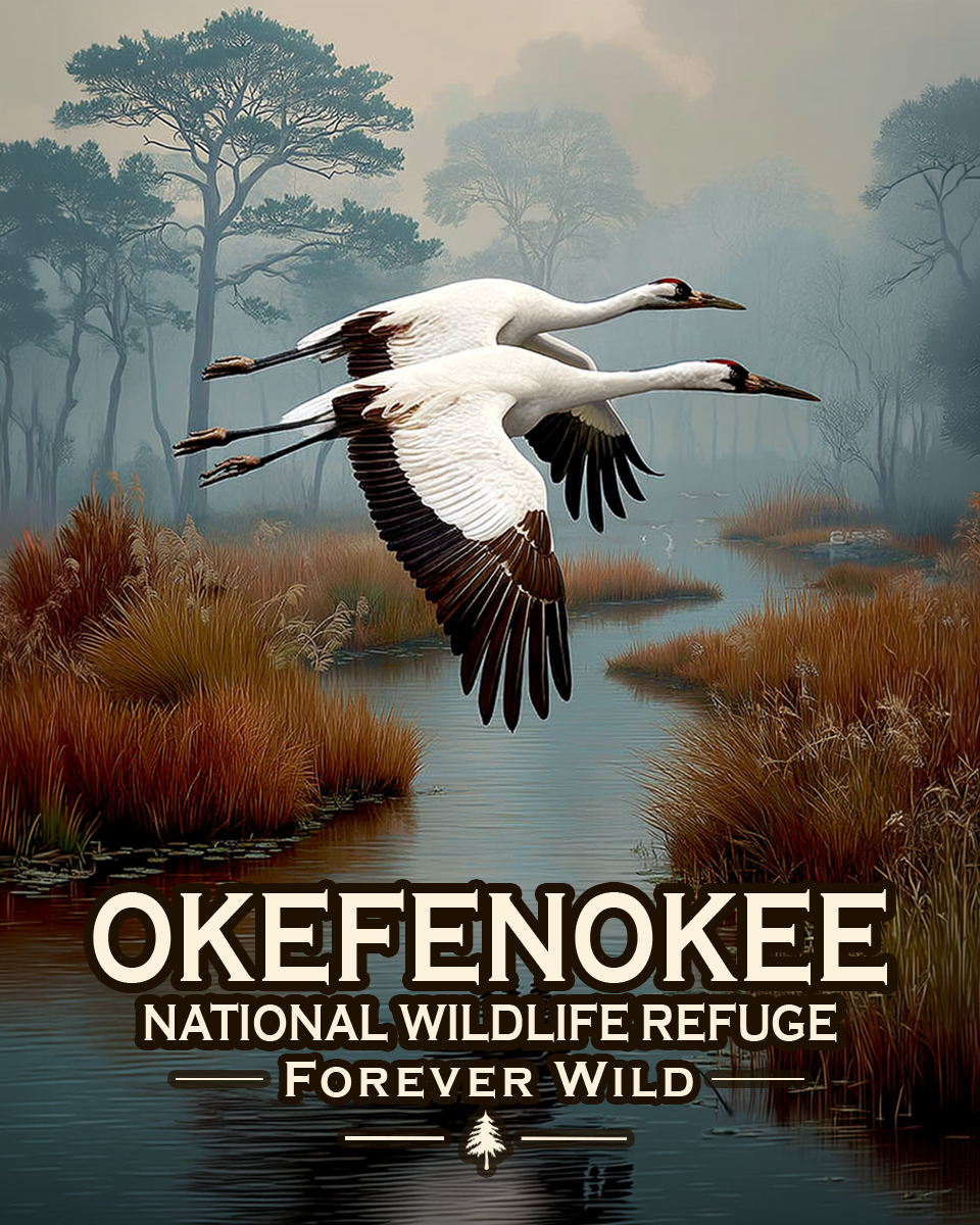 Okefenokee National Wildlife Refuge Georgia - Forever Wild - Souvenir Whooping Crane Art Print