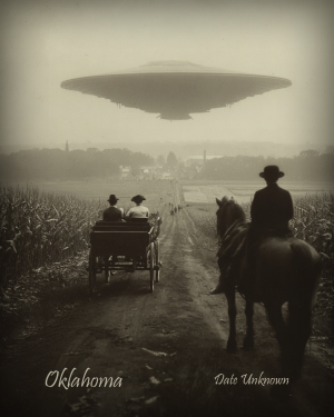 Oklahoma - Alien Flying Saucer Over Town - Vintage Style Agriculture Cryptid Photo