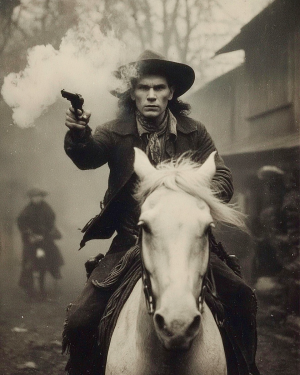 Kansas Luke Shooting at an Outlaw - B&W Old West Art Print