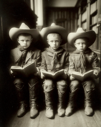 Three Little Cowboys Studying - B&W Old West Art Print