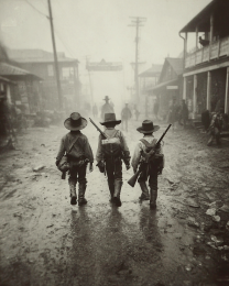 Three Little Cowboys Walking Through Town - B&W Old West Art Print