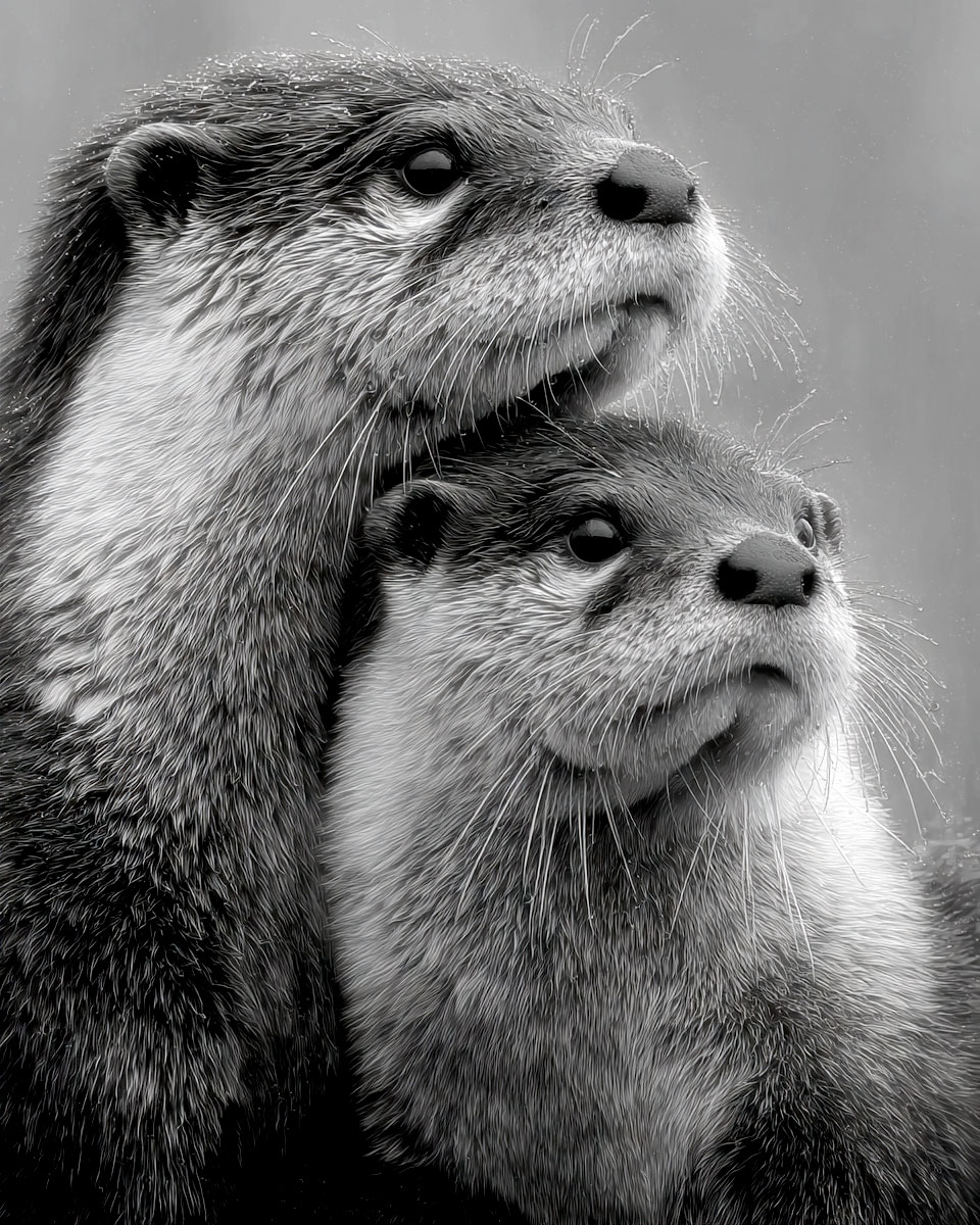 Otter Couple - Black and White Wildlife Art Print