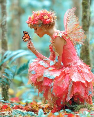 Pink Fairy Having a Conversation with a Monarch Butterfly - Faires Art Print