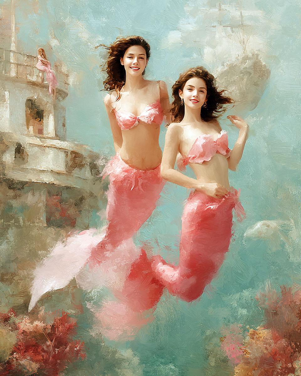 Pink Mermaid Friends Wall Art Print