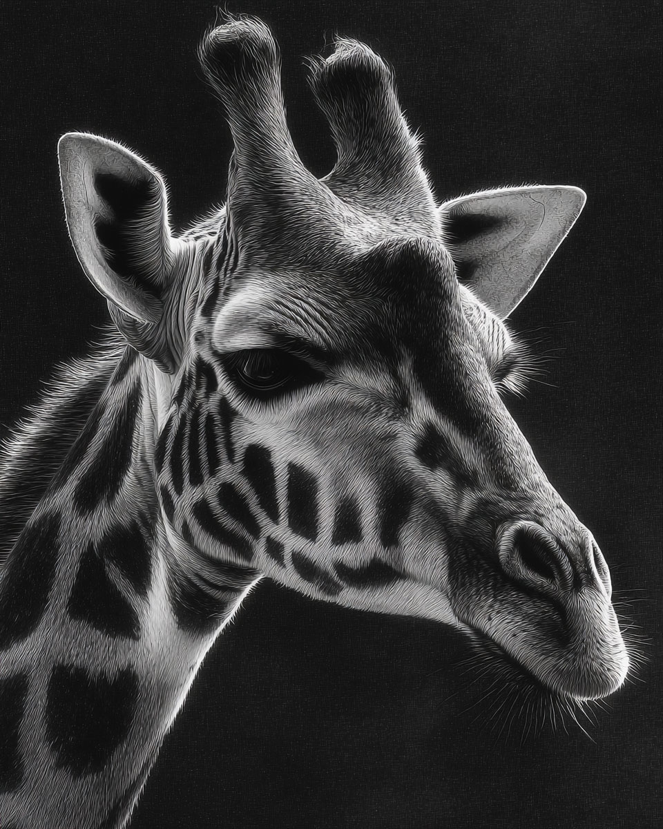 Portrait of a Giraffe - Black and White Wildlife Art Print