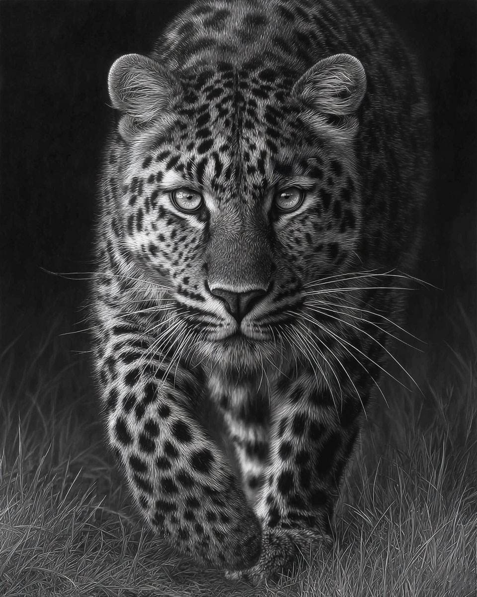 Portrait of a Leopard - Black and White Wildlife Art Print