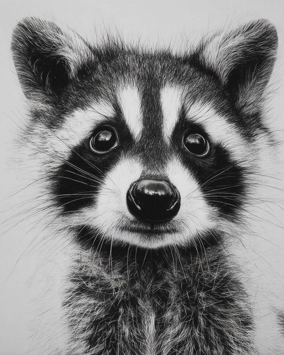 Portrait of a Young Raccoon - Black and White Wildlife Art Print