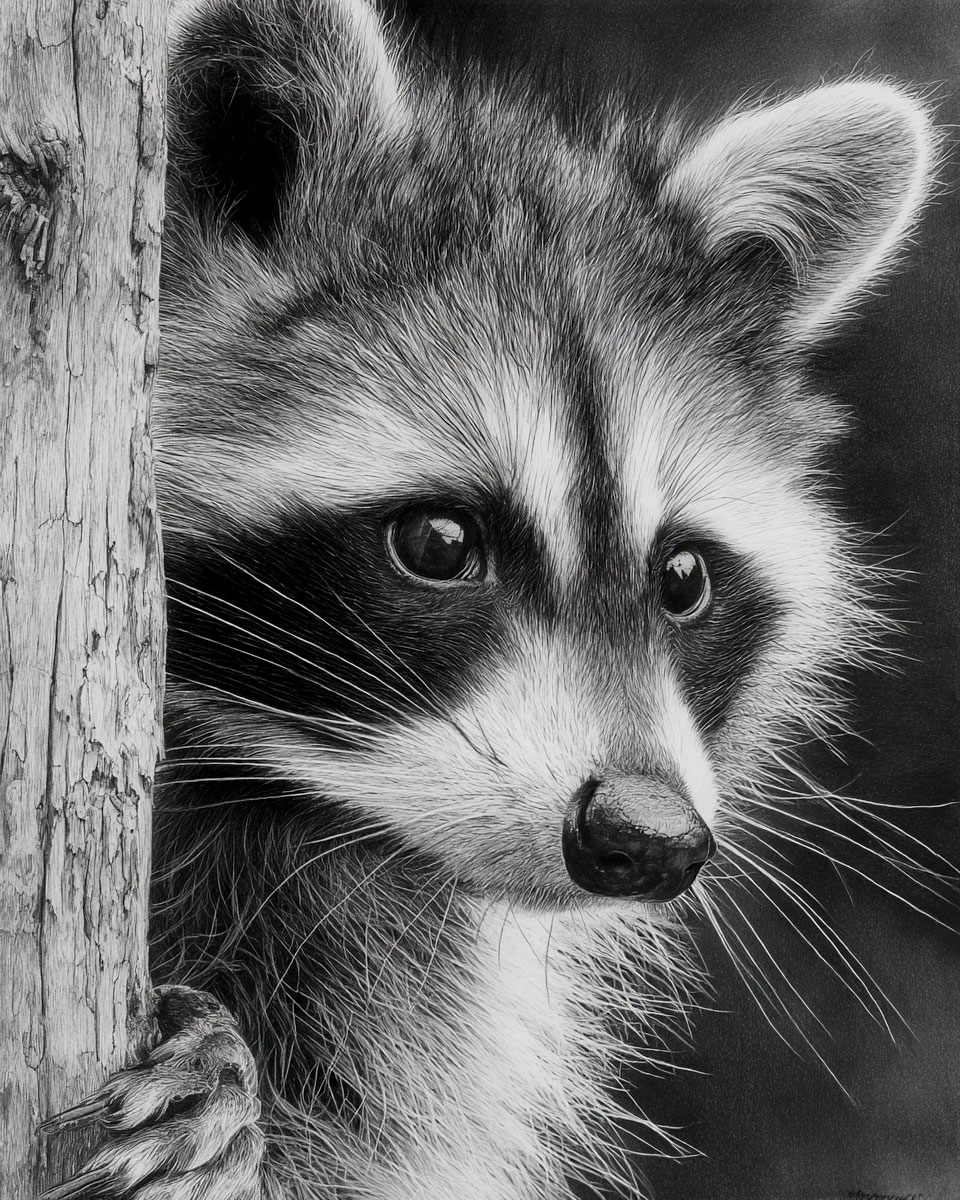 Raccoon - Black and White Wildlife Art Print