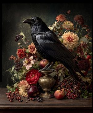 Raven Still Life with Flowers