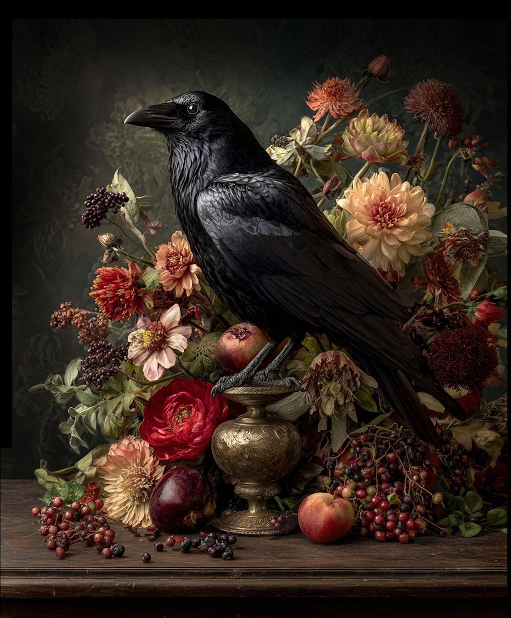 Raven Still Life with Flowers