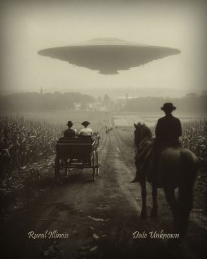 Rural Illinois - Alien Flying Saucer Over Town - Vintage Style Agriculture Cryptid Photo