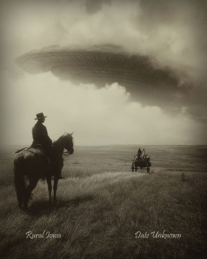 Rural Iowa - Alien Flying Saucer Appears - Vintage Style Agriculture Cryptid Photo