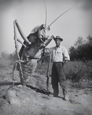 Rural Iowa - Standing by Giant Grasshopper - Vintage Style Agriculture Cryptid Photo