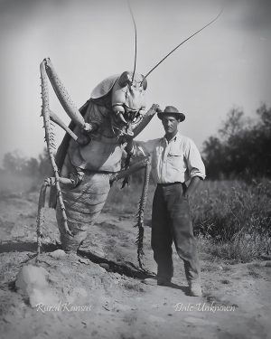 Rural Kansas - Standing by Giant Grasshopper - Vintage Style Agriculture Cryptid Photo