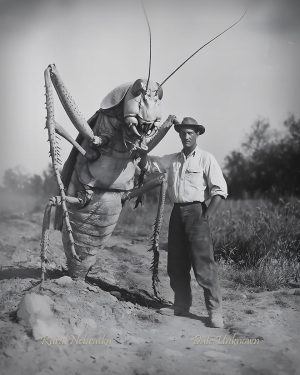 Rural Nebraska - Standing by Giant Grasshopper - Vintage Style Agriculture Cryptid Photo