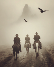 Two Ravens Three Cowboys - Black & White Southwestern Style Art Print