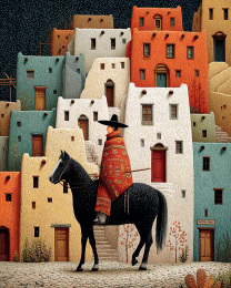 Vaquero Cabalgando por el Pueblo - Southwestern Style Art Print