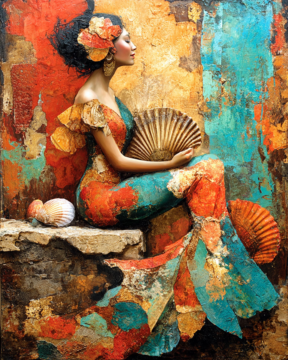 Shell Mermaid Anxiously Waiting Wall Art Print